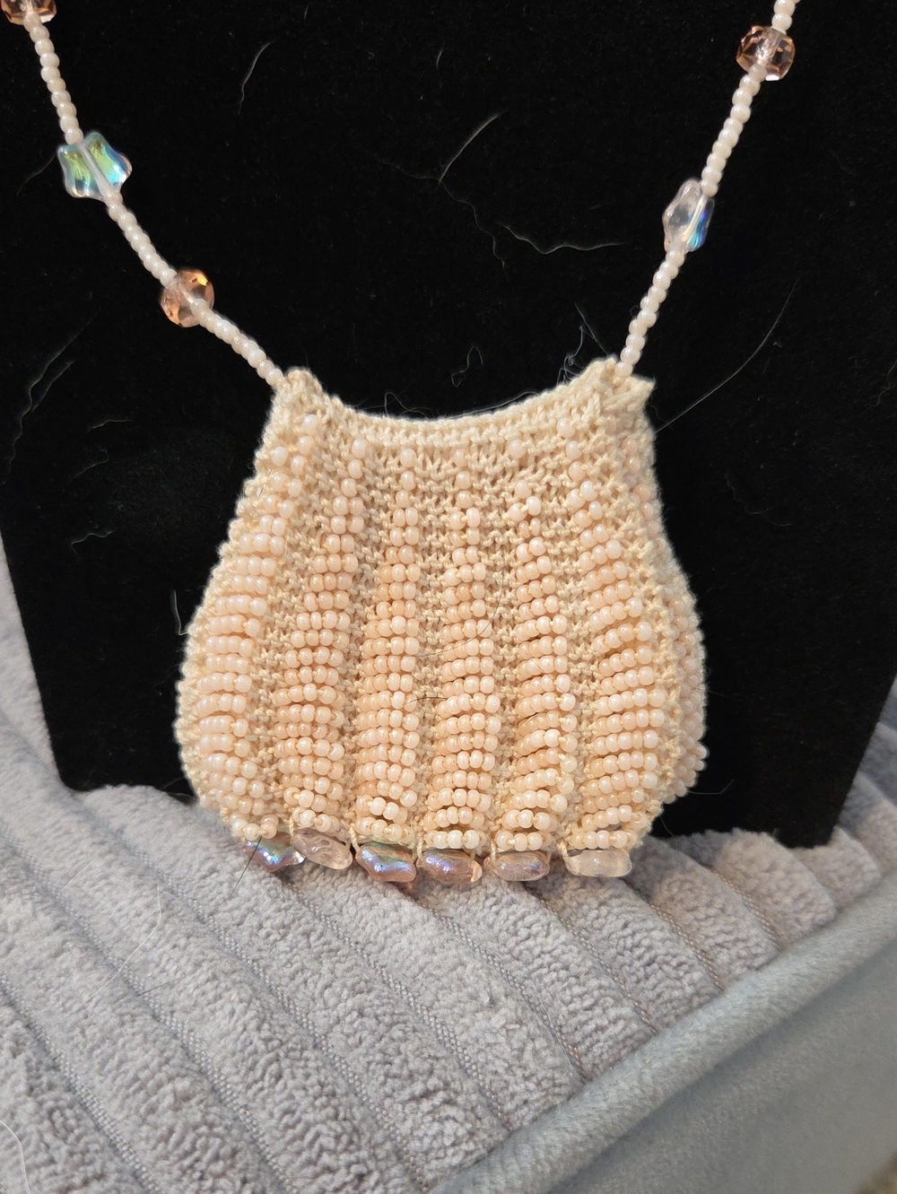 Vintage Peach Beaded Crochet Amulet Pouch Necklace – Iridescent Crystal Accents
